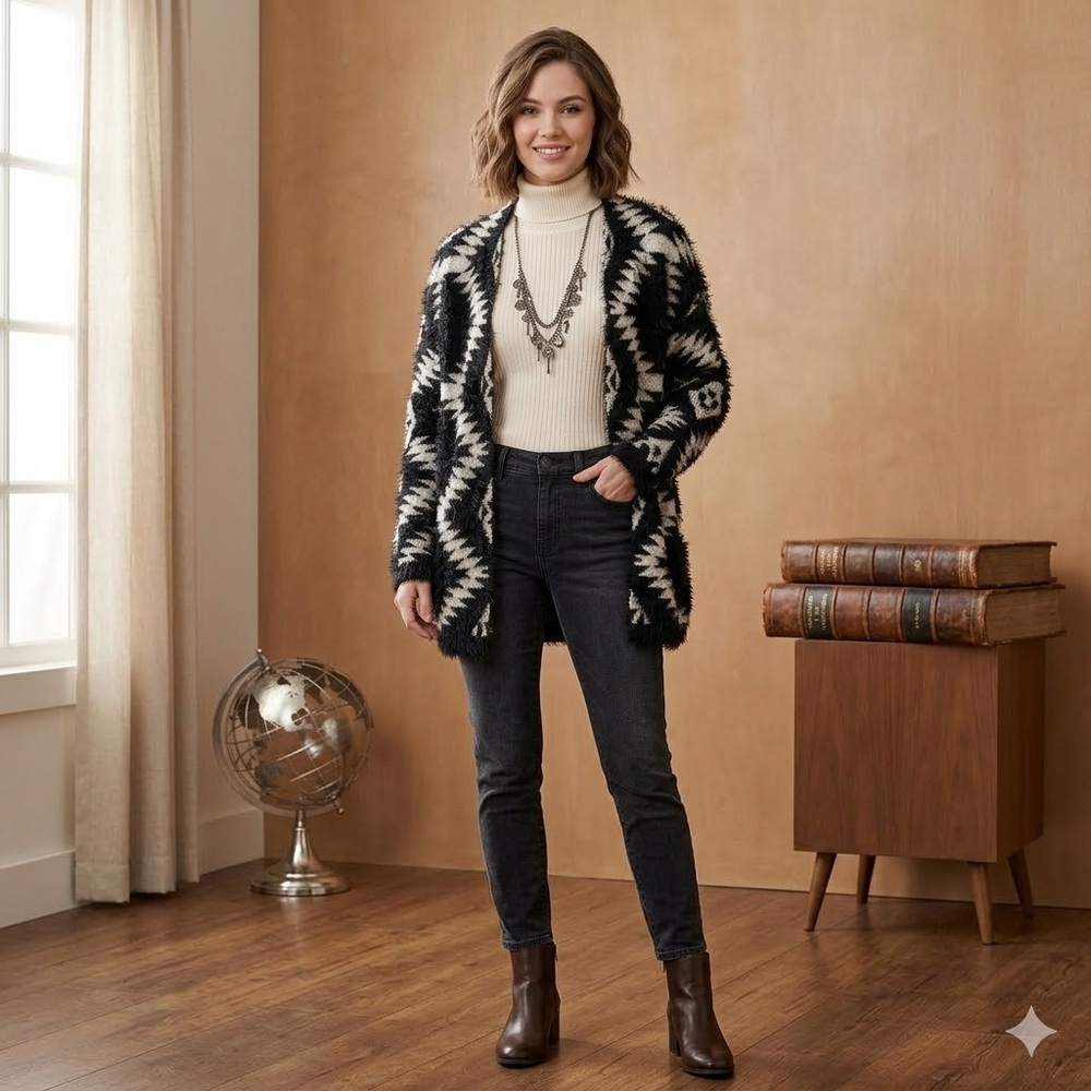 Chelsea & Theodore Black and Cream Geometric Cardigan jacket large
